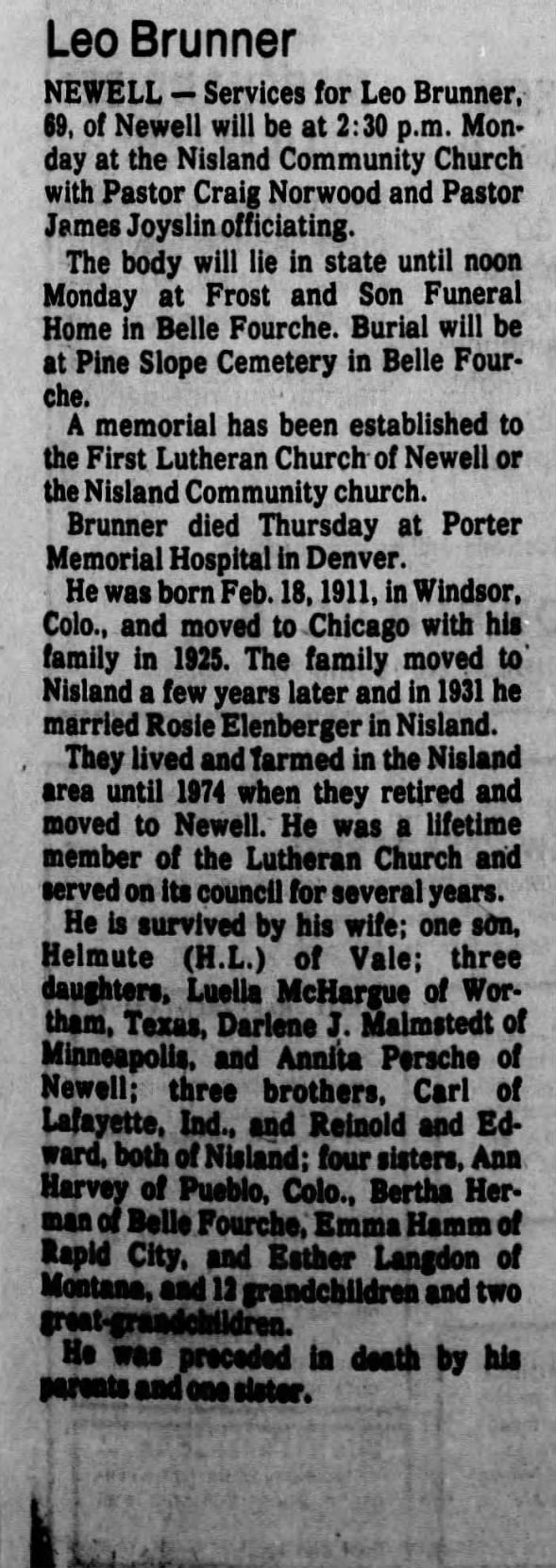 Obituary for Leo Brunner (Aged 69)